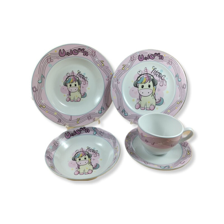 سرویس چینی 5 پارچه غذاخوری کودک برند مقصود طرح یونیکورن صورتی