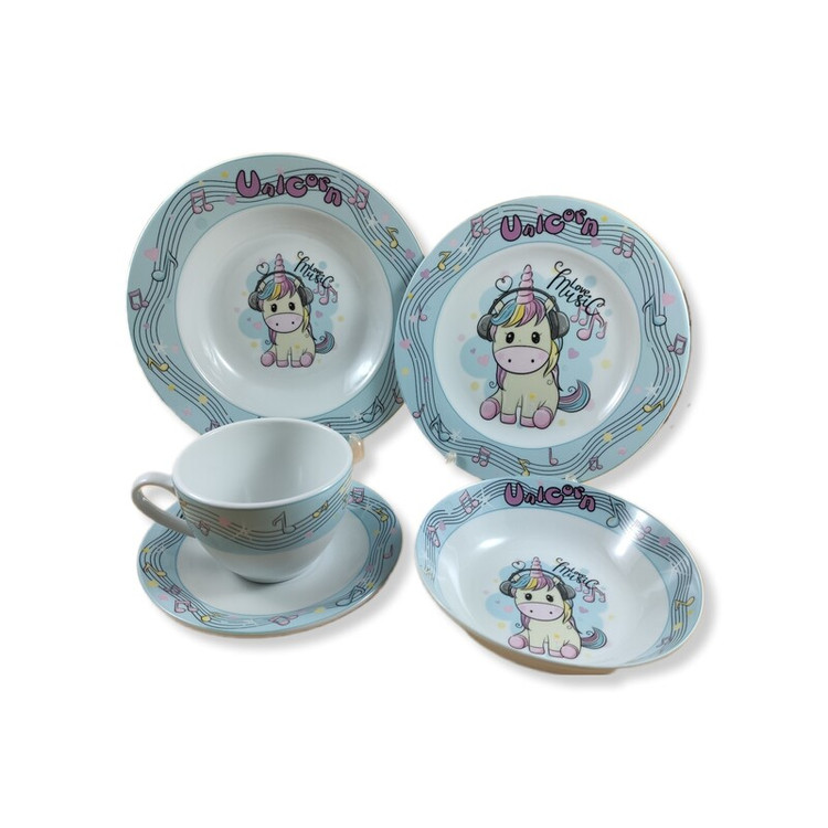 سرویس چینی 5 پارچه غذاخوری کودک برند مقصود طرح یونیکورن فیروزه ای